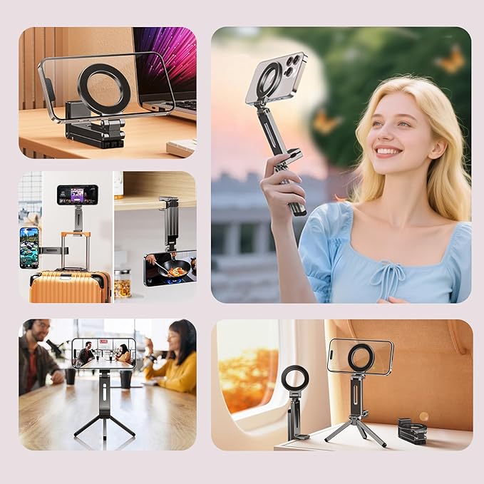 Aluminum Magnetic Tripod for iPhone 17/16/15/14 Pro Max Air, 360° Adjustable for MagSafe Tripod Mount Stand, Content Creator Phone Holder Airplane Travel Essentials Accessories