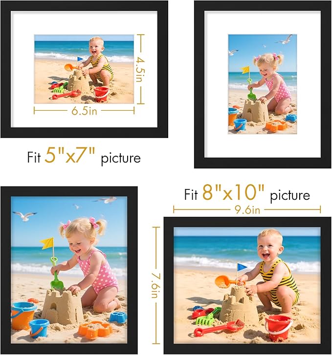 Vittanly 8x10 Picture Frame, Made of Solid Wood and Shatterproof Plexiglass, Display Pictures 5x7 with Mat or 8x10 without Mat, Wooden Photo Frame for Wall Mounting or Tabletop Display, Black, 1 Pack