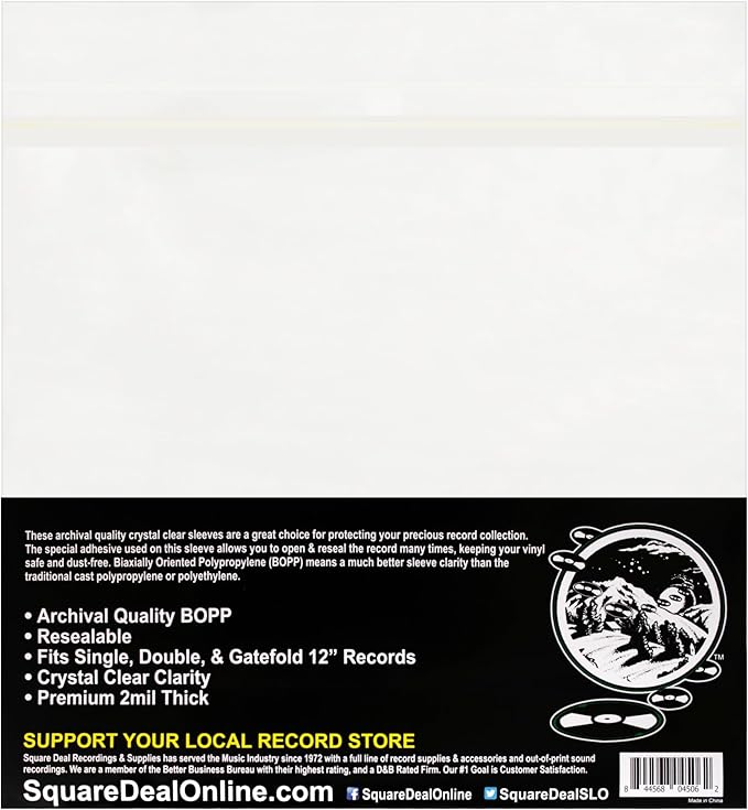 (100) 12" Archival Resealable Record Outer Sleeves - Super Clear Premium 2 Mil Thick Archival Quality BOPP #12SB02RS