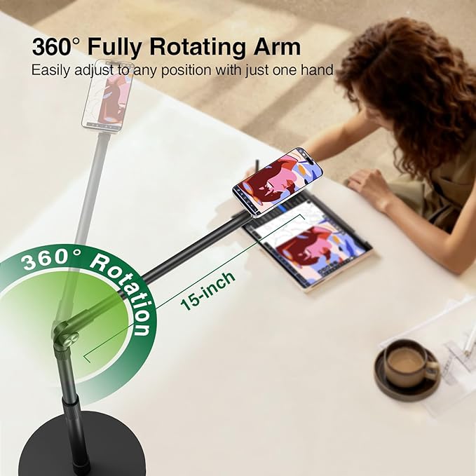 elitehood Magnetic Phone Stand for Overhead Recording, 15 in Long Arm Magsafe iPhone Holder for Video Recording, 360 Swivel Tilt Overhead Phone Mount for Filming, Meeting, Cooking, Painting, Crafting