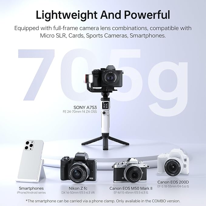 ZHIYUN Crane M3S [Official], 3 Axis Lightweight Camera Gimbal Stabilizer for Mirrorless, Smartphone, GoPro Action Camera, Built-in Fill Light, Bluetooth Control, 1.22" Color Screen, PD Fast Charge
