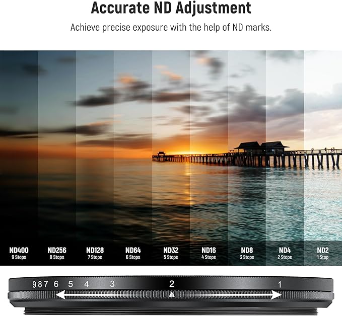 NEEWER 58mm Variable ND Filter, Hard Stop Limited Adjustable ND2-ND400 Camera Lens Neutral Density Photography Filter, Multicoated Water Repellent Scratch Resistant Optical Glass Slim Aluminum Frame