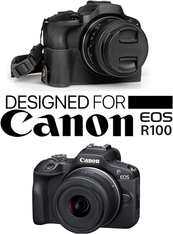 MegaGear Ever Ready Genuine Leather Half Camera Case Compatible with Canon EOS R100 - Black