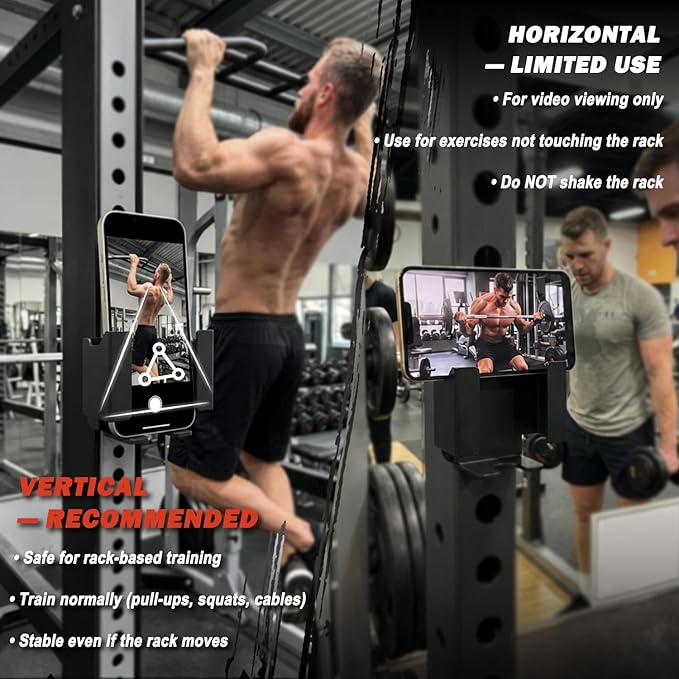 Power Rack Phone Mount, Hook-On Smartphone Holder for 2”×2”/3”×3” Squat Rack Upright, Tool-Free Installation, Vertical & Horizontal Viewing, Fits Phones up to 3.22” Wide
