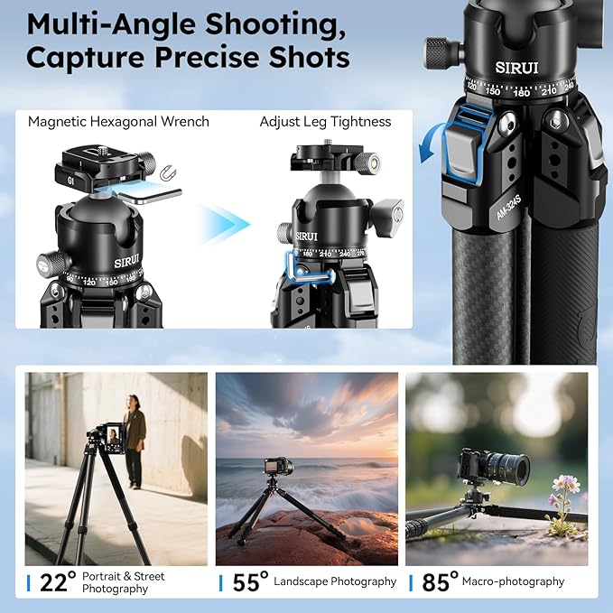 SIRUI Heavy-Duty Carbon Fiber Tripod, 59.8” Pro Tripod with Low Center of Gravity Ball Head, 44lbs Load, 6 Mounting Ports, Corrosion Resistance–for DSLR, Mirrorless, Telephoto, Wildlife（AM-324S+G1）