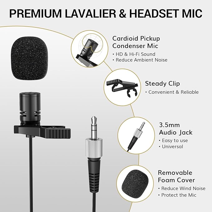 TONOR Wireless Microphones System with 8x12 Channels Headset/Lavalier Lapel Mics, Bodypack Transmitter, Receiver, 90 m/295ft UHF Range for Church Conference Performance Singing Karaoke PA Speaker