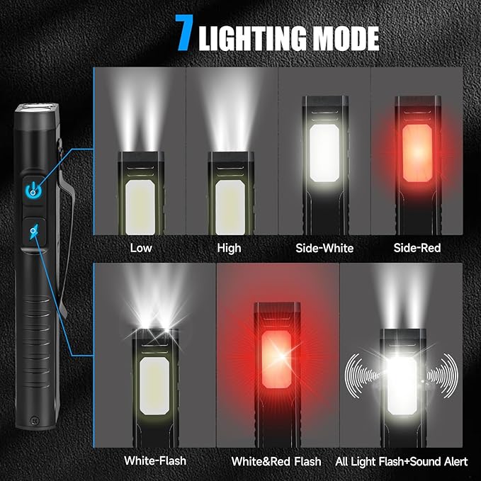 Rechargeable EDC Flashlight with Sound Beeper, Portable Flat Pocket Flashlights, Small Magnetic Flashlight, 7 Mode Side Light Clip On Handheld Flashlight for Outdoor Home Working, Silve Grey