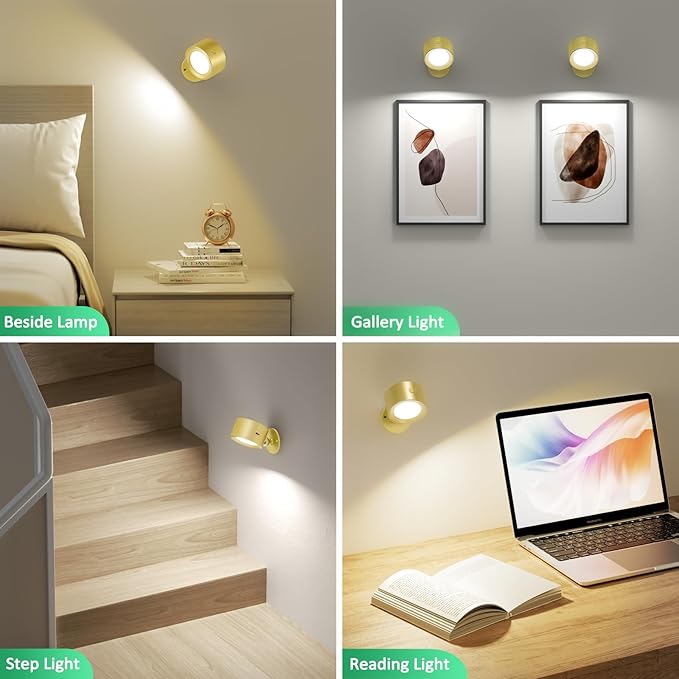 Lightbiz LED Wall Lights 2 Pcs with Remote, Wall Sconces Lamp Rechargeable Battery Operated, 3 Color Temperatures & Dimmable Magnetic 360° Rotation Cordless for Bedroom Bedside