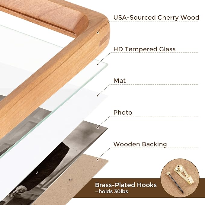 5x7 Picture Frame USA-Sourced Natural Cherry Wood Solid Original Wood Photo Frame Rounded Corner with Mat to 4x6 Picture Display with Real Glass Family Picture, Wedding Picture, Photo, Certificate