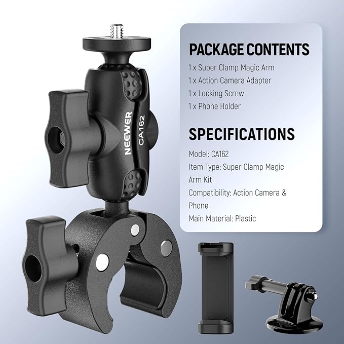 NEEWER Super Clamp Action Camera Mount with 360° Dual Ball Heads, Bike/Bicycle/Motorcycle Handlebar Holder Compatible with iPhone Insta360 DJI OSMO Action GoPro Hero for POV Video Recording, CA162