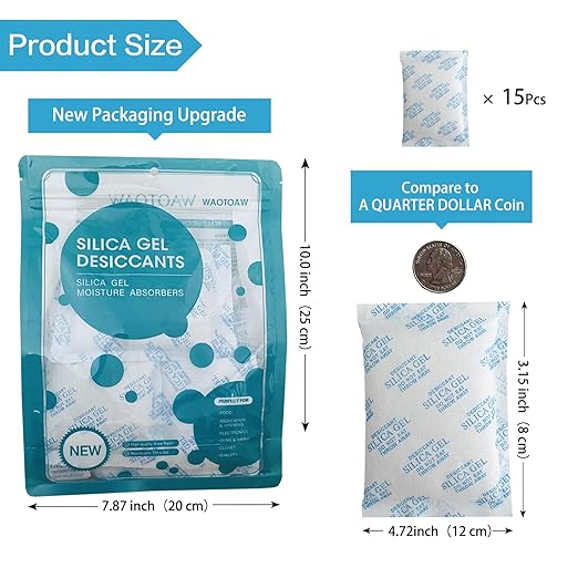 Silica Gel Packs - 15 Packs 50 Gram Desiccant Packets, Food Safe Moisture Absorbers for Storage, Reusable Silica Gel Dehumidifier for Electronics, Clothes, Documents