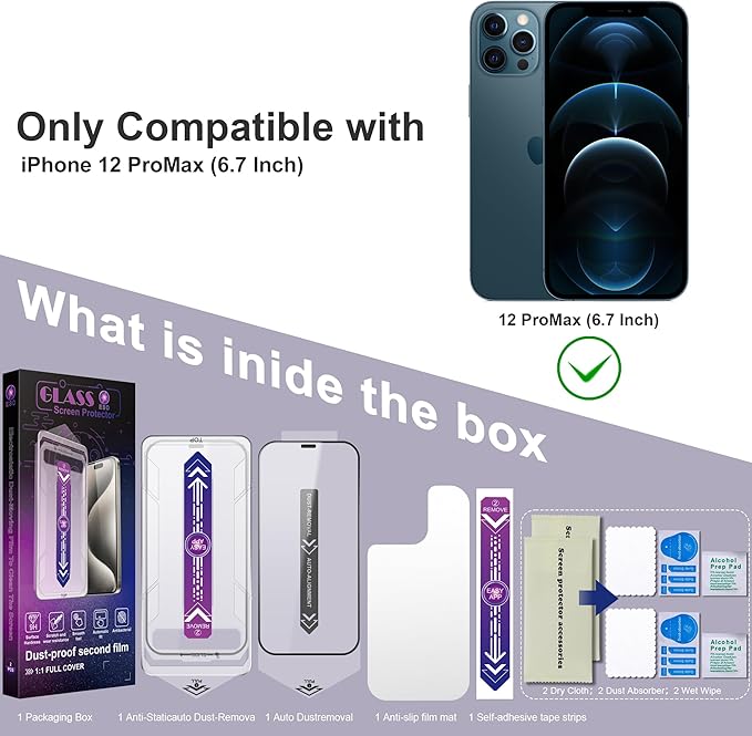CHRYSHA 2 Pack Screen Protector for iPhone 12 Pro Max, 9H Tempered Glass, Full Coverage, Anti-Fingerprint, Auto Dust-Elimination, No Bubble, Easy Installation