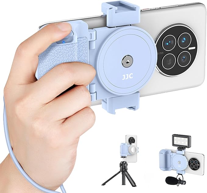 Phone Camera Grip Smartphone Photography Shooting Clip with Tripod Mount & Detachable Wireless Shutter Remote Control, Phone Selfie Grip Handle Stand for iPhone Samsung Android Phone Vlog Video Blue