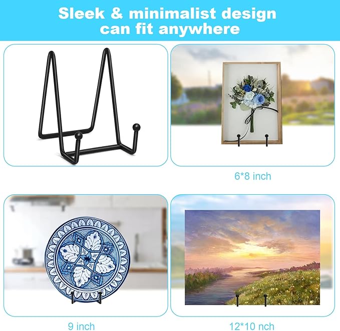 Ouskr 4 Pcs 4-1/4 Inch Plate Stands for Display, Metal Iron Picture Frame Holders Stand for Book Photo Small Easels Plaque Dish Art Tabletop Decorative Black