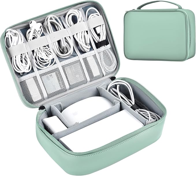 Large Capacity Electronics Accessories Organizer Travel Case with Adjustable Divider Waterproof Leather Cord Shockproof Tech Organizer Bag(Light Green, Single Layer)