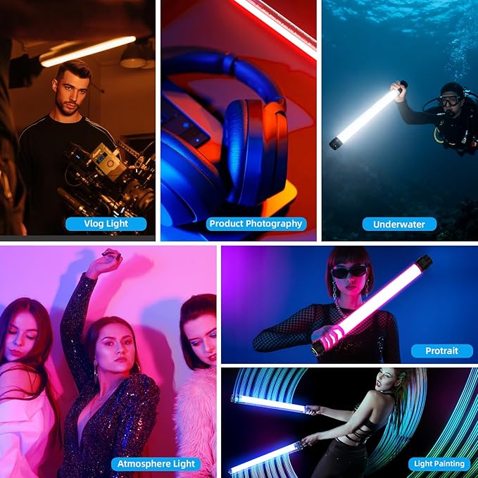 RGB LED Photography Light 10400mAh Battery Powered Tube Light Waterproof IP68 Full Color RGB Portable Lighting Wand Stick for Video Recording Studio, 12 Lighting Modes, 3000K 6000K CRI95+