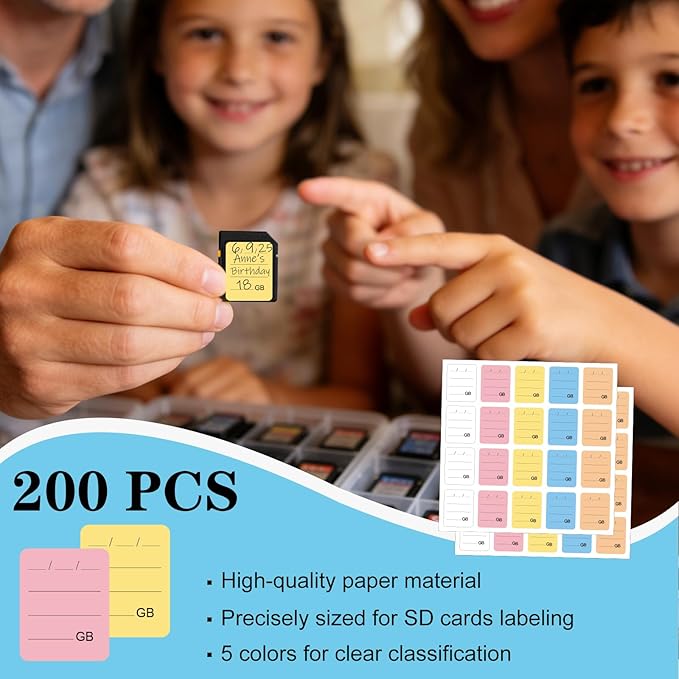YEWROXY SD Card Labels, Stick-On Camera Memory Card Labels for Photographers,Multi-Color Stickers for SD Cards Classcification and Storage, Self-Adhesive, Writable(200PCS, 0.98"x0.78")