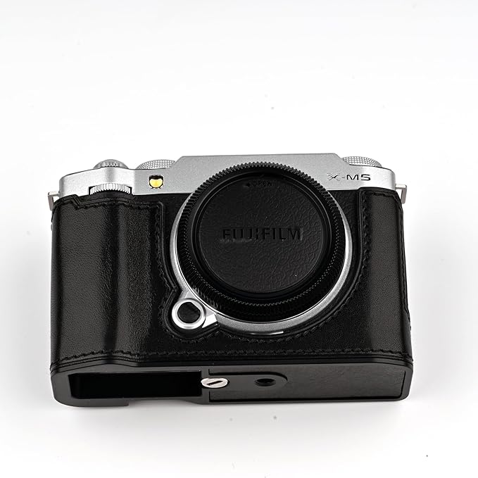 Uchandmade Handmade Genuine Leather Camera Half Case for Fujifilm X-M5/Fujifilm X-M5 Camera Case/Fujifilm X-M5 Case - Top Layer Cowhide Body + Metal Base Plate (Jet Black)