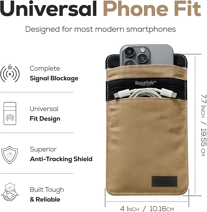 Rōnin RogueSafe™ Faraday Bag for Phone – Faraday Pouch for Phone, Blocks Cellular, Wi-Fi, GPS, Bluetooth & RFID Signals, EMP Shielded Privacy Cage with Magnetic Closure, Stylish & Durable, Sand