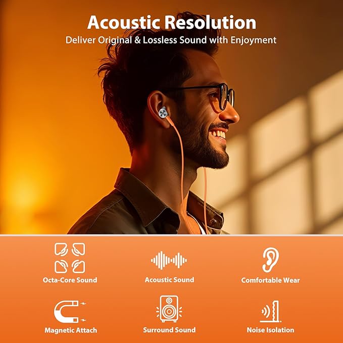 Jiunai USB C Earbuds for Samsung S26 Wired Headphones with USB C Plug in Ear Magnetic Stereo Remote Control Corded Type C Earphones for iPhone 17 16 15 Galaxy S25 S24 Pixel 10 for iPad Pro Orange Grey