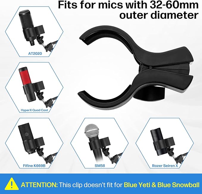BILIONE 1pcs Large Microphone Clip, Adjustable Mic Holder for Microphones with Outer Diameter Range 1.26" from 2.3", with 5/8" Male to 3/8" Female Screw Adapter(Black)