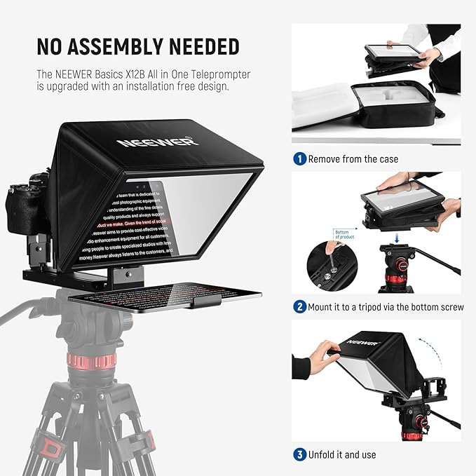 NEEWER Basics X12B Aluminum Alloy Teleprompter 12" for iPad Tablet DSLR Camera, Bluetooth, No Assembly, Remote & App Control, Compatible with iOS Android, Black, for Streaming