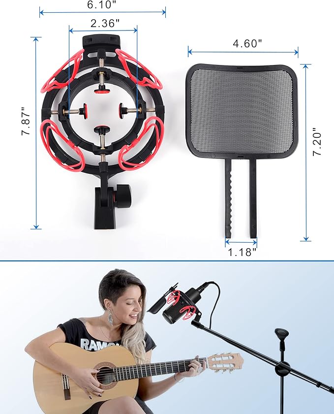 Microphone Shock Mount with Pop Filter Universal Shock Stand for Microphones Size at 21-62mm Anti-Vibration Mic Holder Clip Compatible with AT2020 MXL 990 770 Rode NT1-A Neumann 103(Red)