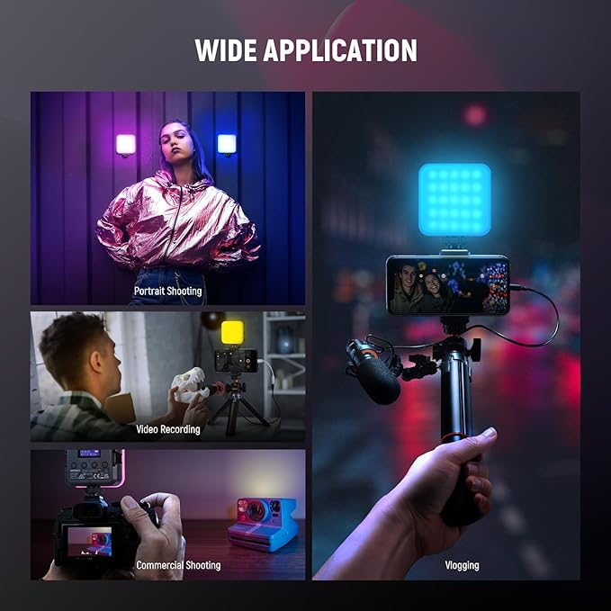 NEEWER RGB62 Magnetic RGB Video Light with Upgraded APP Control, 360° Full Color LED Camera Light with 3 Cold Shoes CRI97+ 2500K-8500K 17 Scenes 2000mAh Rechargeable Portable Photography Lighting