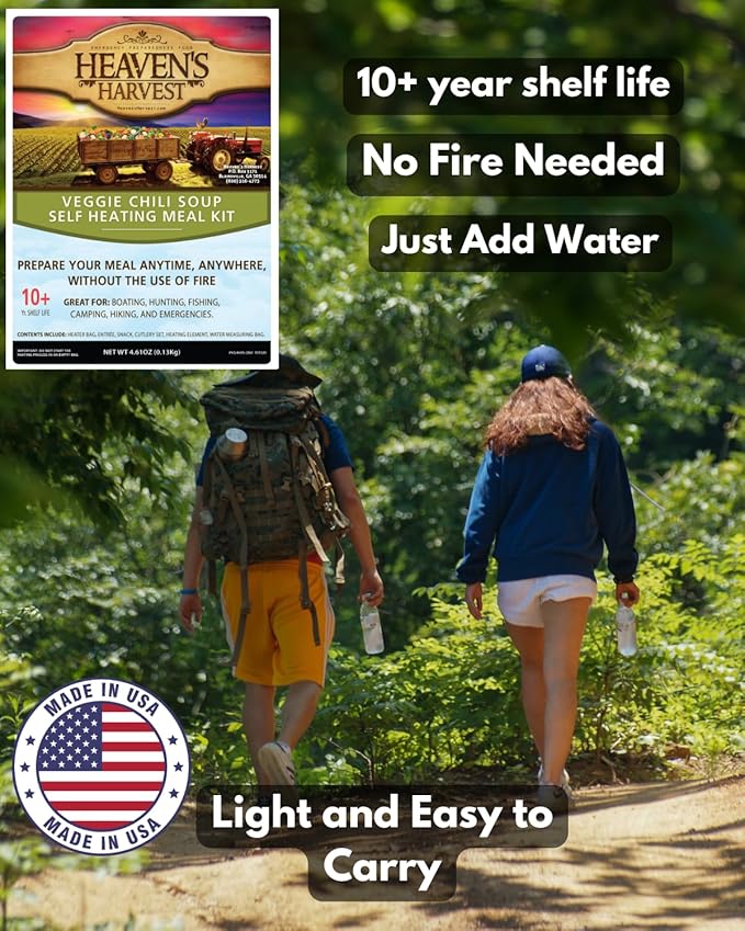 Heaven's Harvest Self-Heating Emergency Meal Kit (10 Year Shelf Life) — Tastier than MRE Meals & Ready-To-Eat in Minutes! Just add water to activate the “cooking” process. (Veggie Chili) (6-Pack)