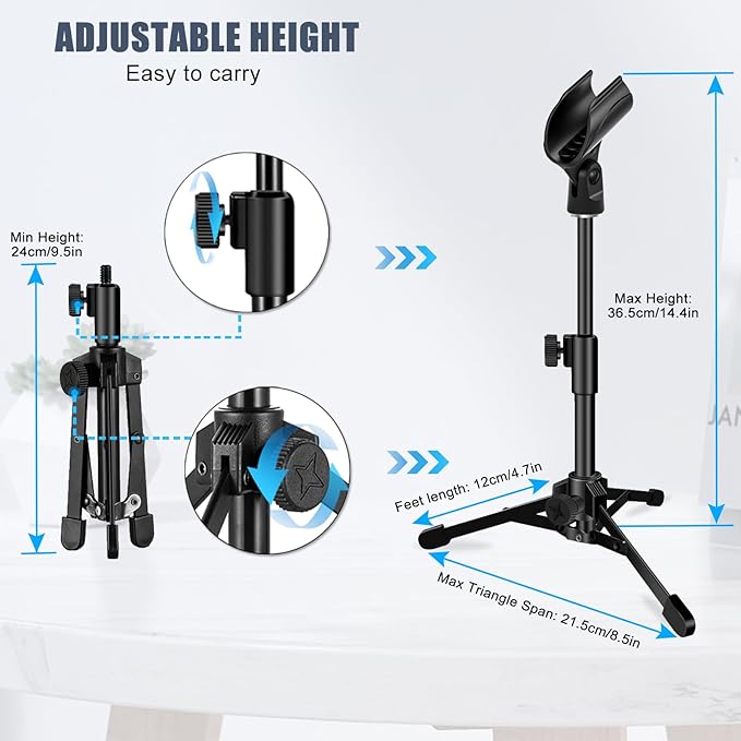 Desk Mic Stand, JCWINY Portable Foldable Microphone Tripod with Mic Clip Holder Adjustable Table Microphone Stand for Blue Yeti Snowball Spark and Other Dynamic Microphones
