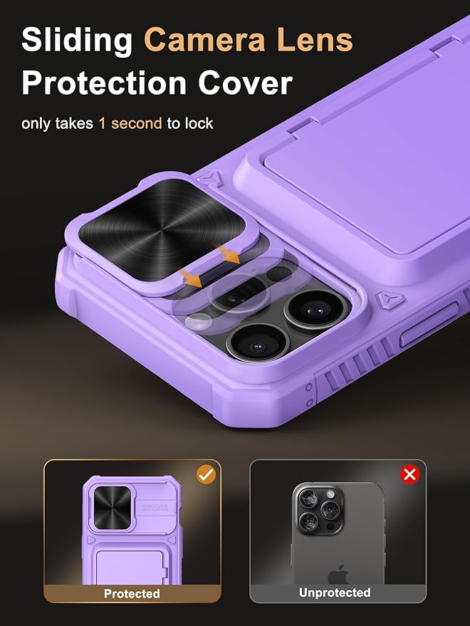 Vihibii for iPhone 15 Pro Max Wallet Case with Card Holder (4 Cards) & Slide Lens Cover & Stand, Shockproof Rugged Hard Back & Raised Edges Protection Case for iPhone 15 Pro Max, 5G 6.7", Light Purple