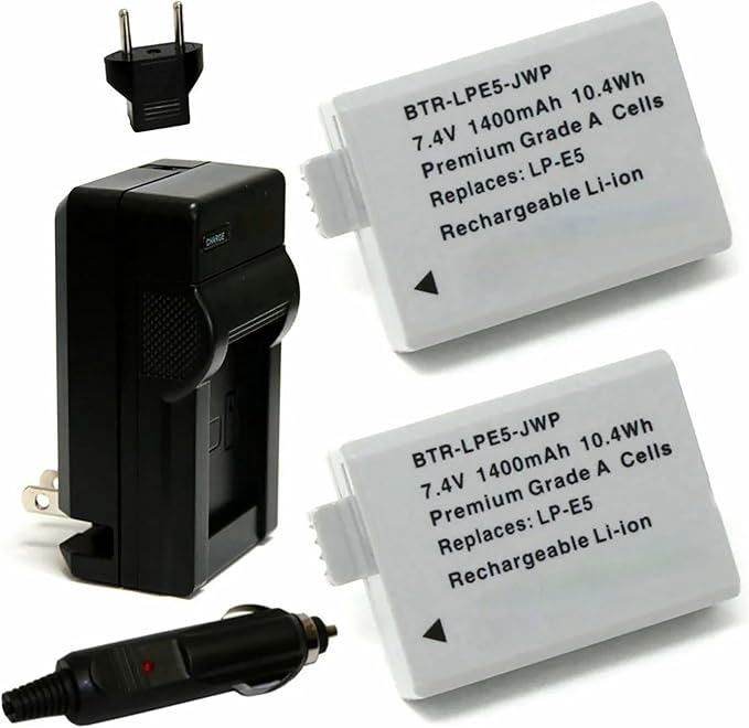 Replacement Battery for Canon EOS Rebel T1i (2-Pack, 1400mAh) and Charger