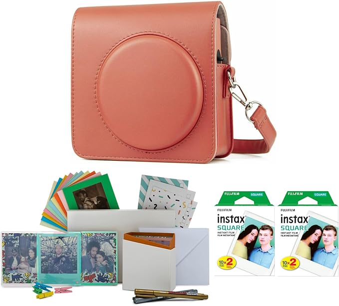 Fujifilm Instax Square Film Twin Pack (40 Exposures) Bundle with Case and Storage Box (Orange) (4 Items)