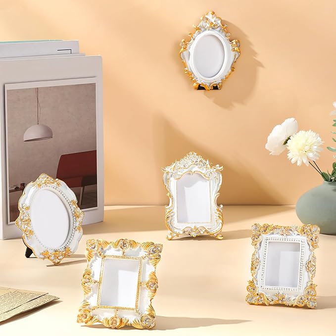 Maitys 5 Pcs Mini Picture Vintage Frames with Stands Tiny Antique Photo Baroque Ornate Resin Oval Frame Table Top Display Home Wedding Decor (White Gold)