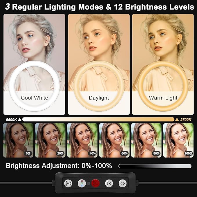 12" Selfie Ring Light with Stand and Phone Holder, Desk Tripod, 29 RGB Lighting Modes, Remote for iPhone &Android Camera. LED Halo Light for Photo, Video Recording, TikTok. Circle Ringlight Dimmable