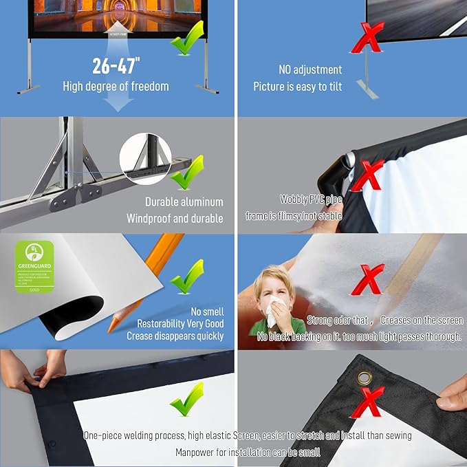 Projector Screen with Stand 144inch, SCREENPRO Portable Fast-Folding Movie Screen with (Max 20.7") Adjustable Leg and Carry Bag, 16:9 HD 4K Indoor/Outdoor Projector Screen for Home Theater