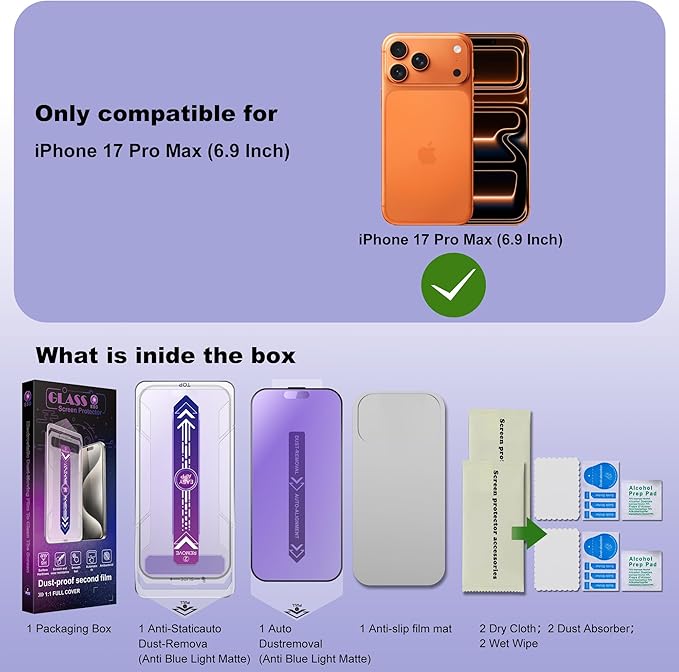 SHANG PIN JIA 2 Pack Anti Blue Light Matte Screen Protector for iPhone 17 Pro Max 6.9-Inch Auto Dust Removal, No Bubbles, Tempered Glass Film, Easy Installation