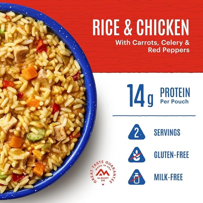 Mountain House Gluten-Free Rice & Chicken Freeze-Dried Food for Camping, 12 Servings, 30-Year Shelf-Life