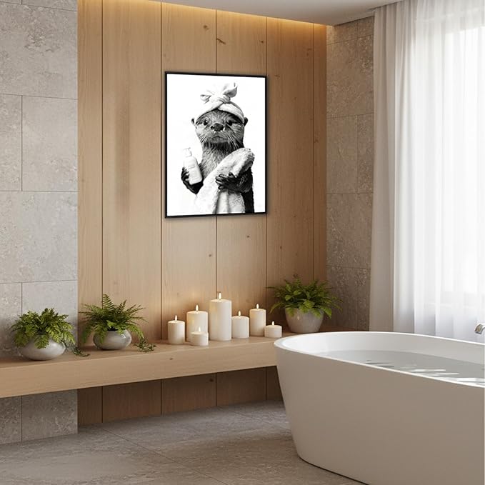 Zhfmoir Funny Otter Bathroom Wall Art, Black and White Otter Canvas Print, Cute Animal Bathroom Decor for Restroom Toilet Washroom, Ready to Hang Wall Artwork 12x16 Inch
