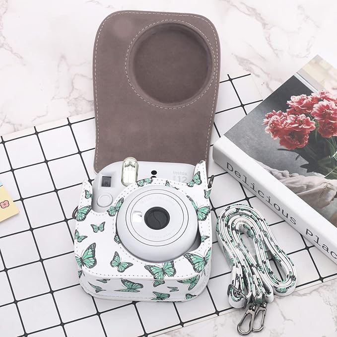 Frankmate Protective Case Compatible with Instax Mini 12 11 9 8 Instant Film Camera with Pocket and Adjustable Strap (Green Butterfly)