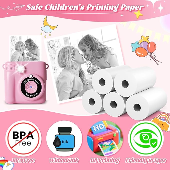 10 Rolls Kids Camera Paper Roll Refill - HD kids camera instant print paper, 55x25mm Print 180 Sheets with Cute Stickers, Scratch-Resistant, BPA Free, Suitable for 99% of Instant Print Camera for Kids