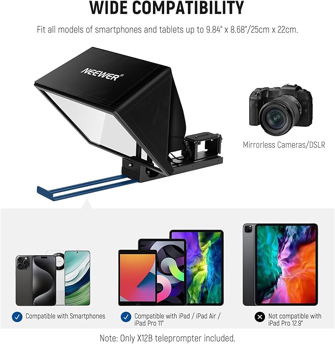 NEEWER Basics X12B Aluminum Alloy Teleprompter 12" for iPad Tablet DSLR Camera, Bluetooth, No Assembly, Remote & App Control, Compatible with iOS Android, Black, for Streaming