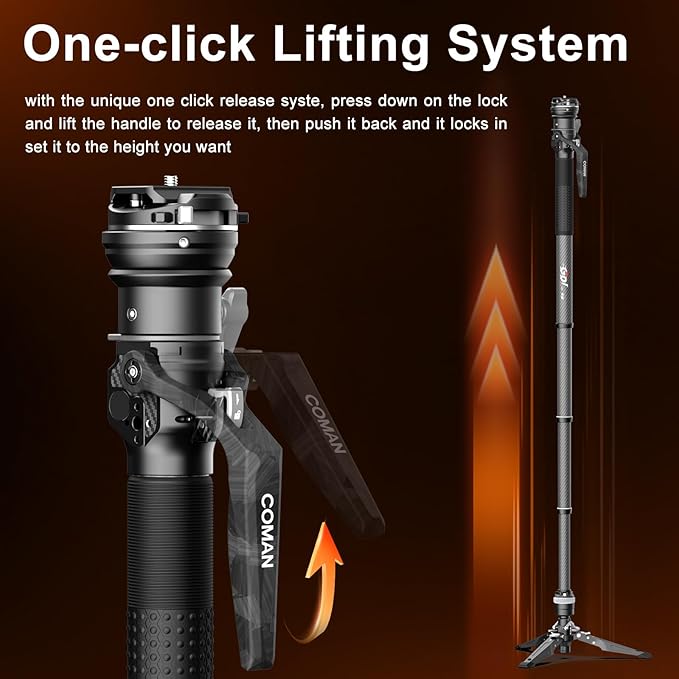 COMAN One-Click Lifting Monopod with Feet, 65’’ Travel Monopod with 360° Ball Bowl Head, Lightweight Camera Tripod with Arca Quick Release for Canon Nikon, DSLR Cameras, Max Load 22lbs/10kg (M1S)