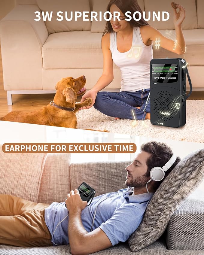 FM AM SW Back Clip Pocket Radio, Battery Operated Mini Radios, Portable Shortwave Transistor Radio with Emergency LED Flashlight & Headphone Jack for Elder/Kids