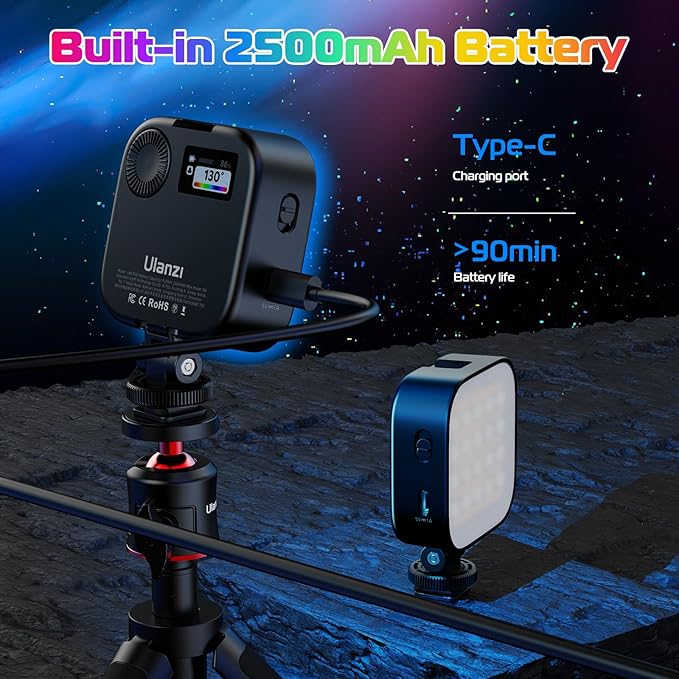 ULANZI U60 RGB Video Lights Black LED Camera Light 360° Full Color Portable Photography Lighting w Quick Release Cold Shoe Adapter and Clip, 2500mAh Rechargeable CRI 95+ 2500-9000K Dimmable Panel Lamp