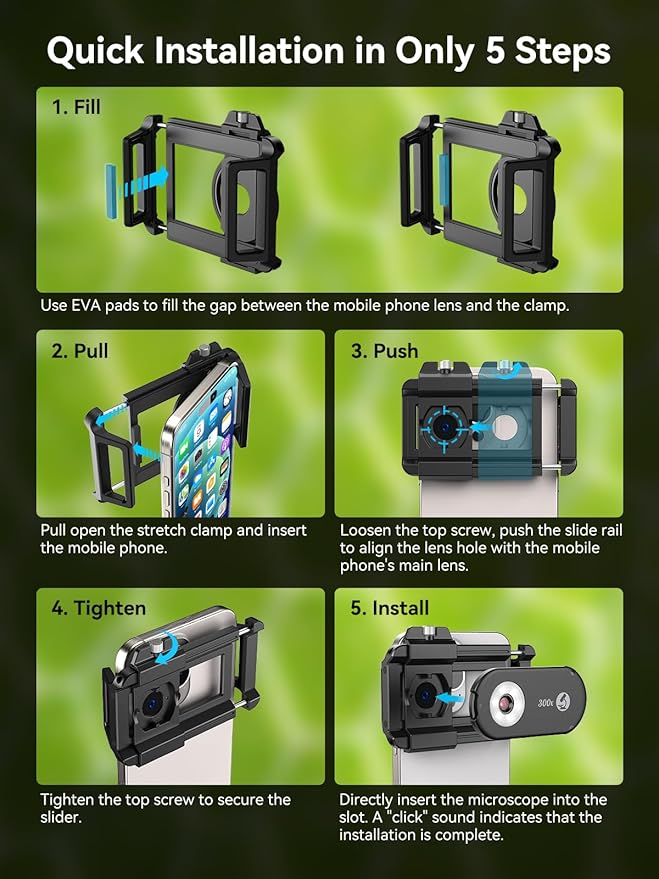 MIAO LAB 300X Phone Microscope Lens, Phone Camera Micro Lens with Universal Clip/LED Light/CPL, Mini Pocket Microscope Attachment Fit for iPhone 16/15/14/13, and Most Smartphone