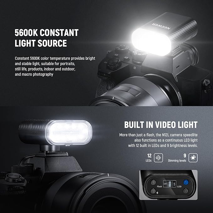 NEEWER N12L Entry Level Version Mini Camera Flash with LED Video Fill Light & LCD Display, 800mAh, Works with Canon/Fujifilm/Sony/Nikon DSLR Standard Hot Shoe Cameras for Studio Shoots