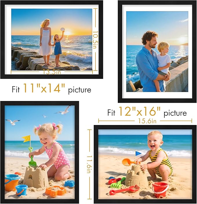 Vittanly 12x16 Picture Frame, Made of Solid Wood and Shatterproof Plexiglass, Display Pictures 11x14 with Mat or 12x16 without Mat, Wooden Photo Frame for Wall Mounting, Black, 1 Pack