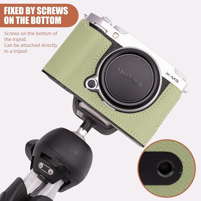 Handmade Genuine Leather Camera Half Case for Fujifilm X-M5/Fujifilm X-M5 Case - Top Layer Cowhide Body + Metal Base Plate (Vert Criquet)
