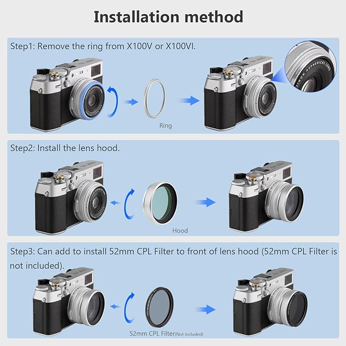 Haoge LUV-X54W Metal Lens Hood with MC UV Protection Multicoated Ultraviolet Lens Filter for Fujifilm X100VI Fuji X100V Camera Silver